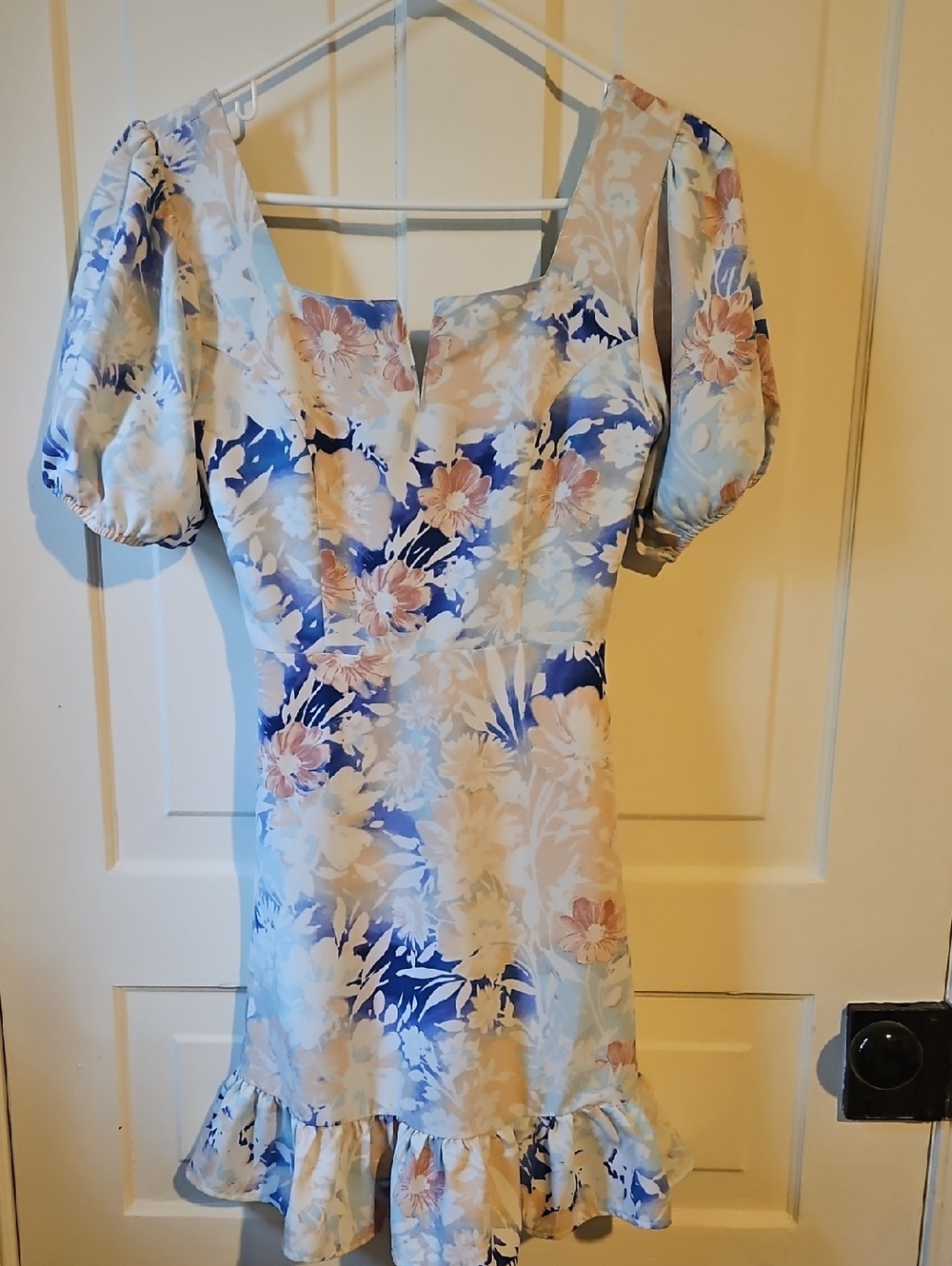 Square-Neck Floral Mini Dress in Blue and Cream